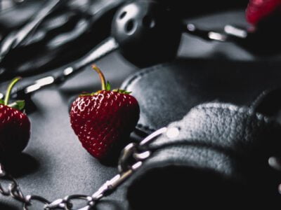 black leather and strawberries